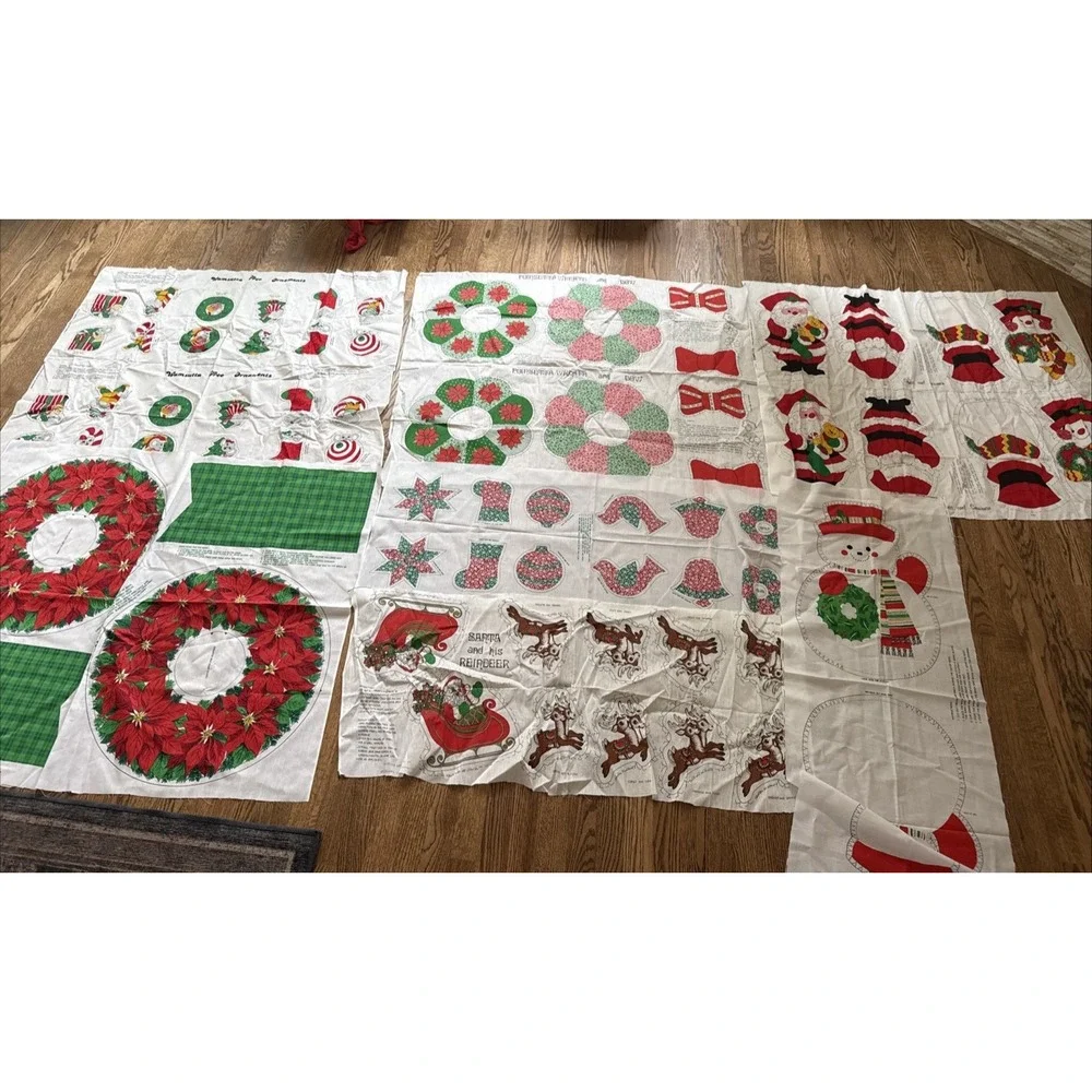 Vintage Set Of 7 Christmas Wreath Ornaments Snowman Cut & Sew Cotton Panels